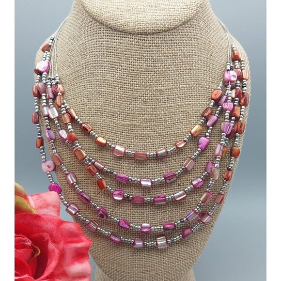 Beachy Silver Tone Pink Dyed Abalone Shell Multi Strand Wire Collar Bib Necklace - Picture 2 of 7